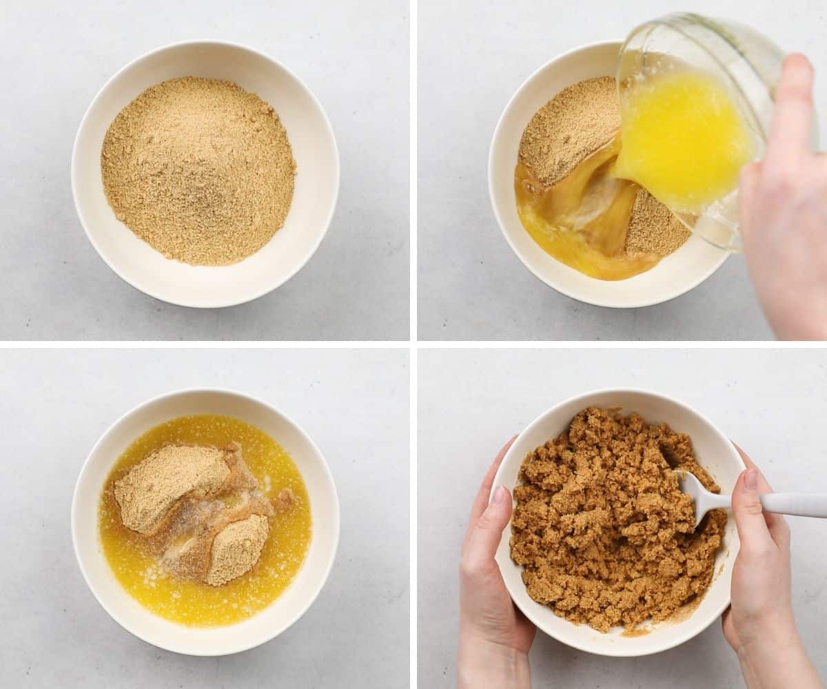 Process photos of mixing Gram cracker crumbs and melted butter.
