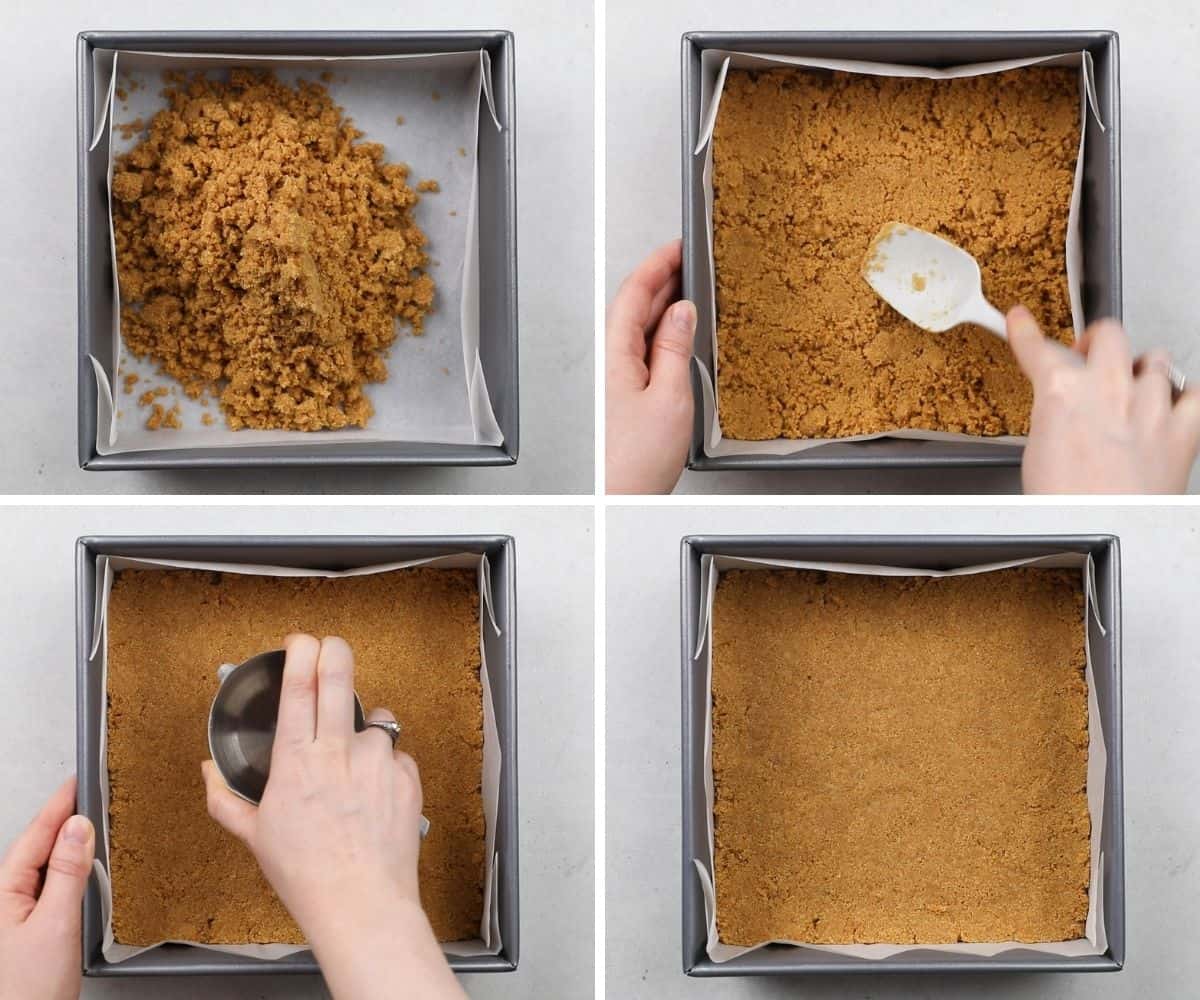 Process photos of making Graham cracker crust in a baking pan.