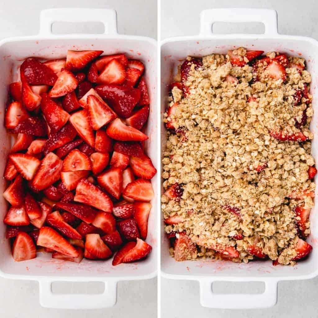 Left photo: Strawberry filling in a white baking pan. Left photo: Strawberry filling, topped with oat crumble in a white pan.