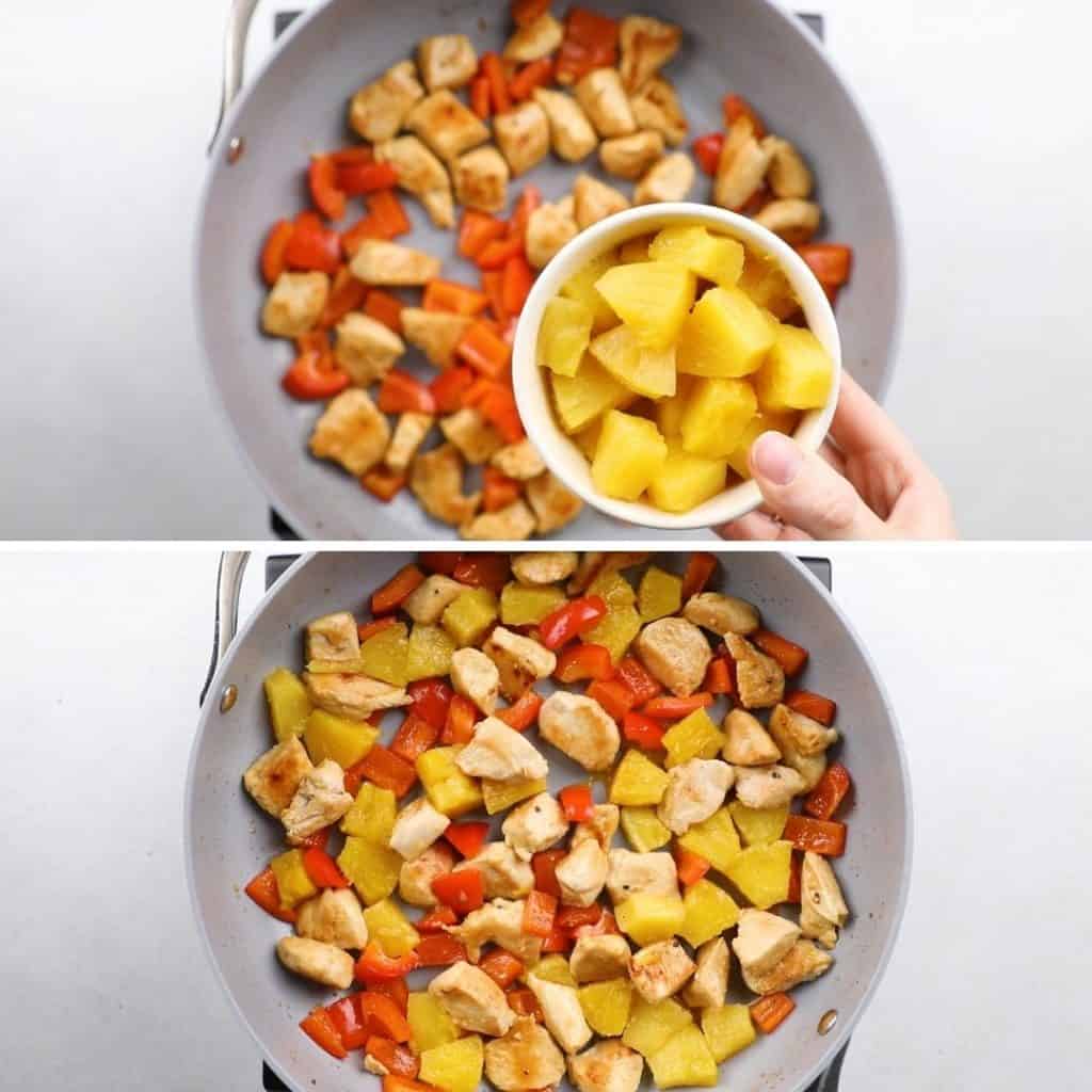 Process photos of adding pineapple to cooked chicken and red bell pepper in a grey pan.