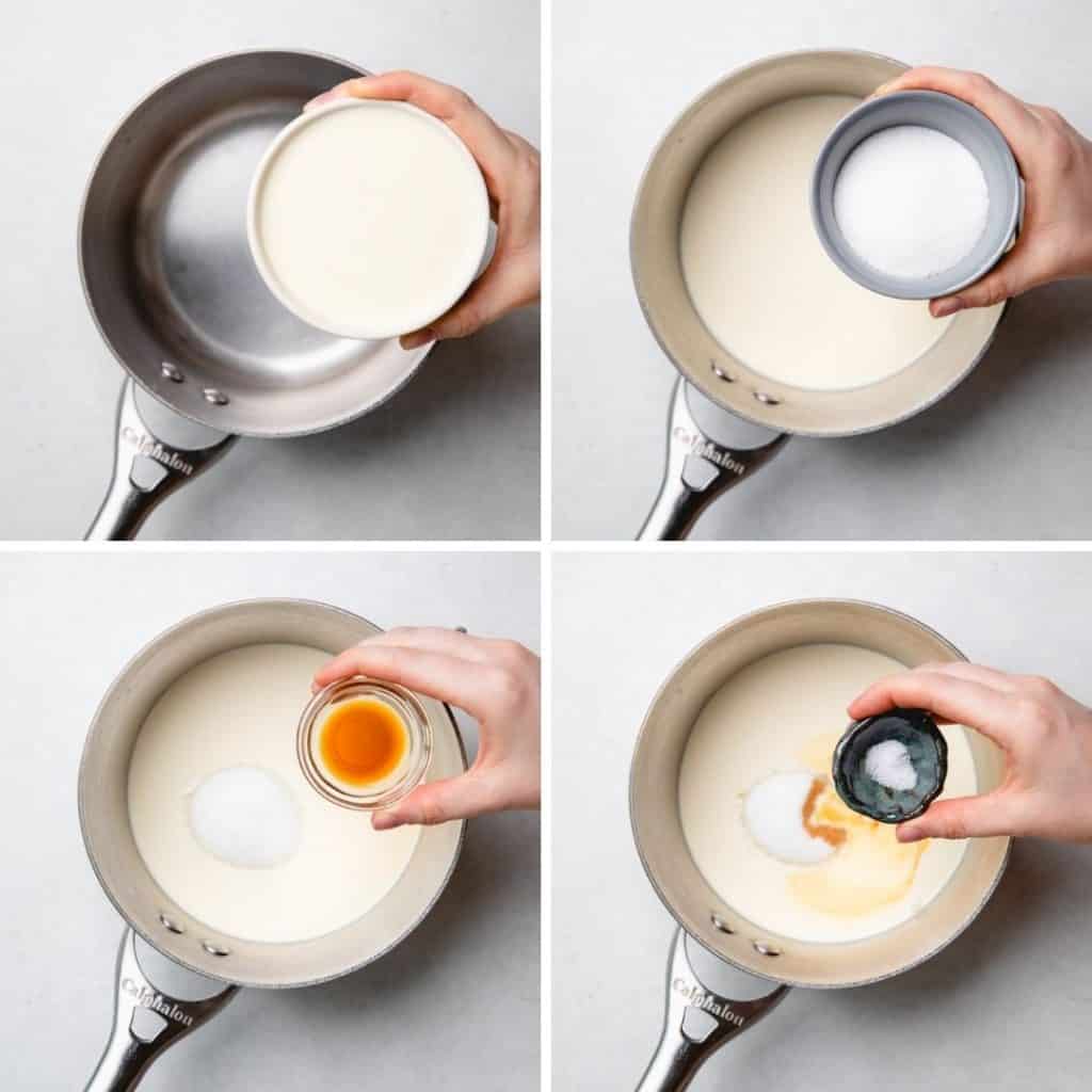 Progress photos of adding ingredients into a saucepan for panna cotta.