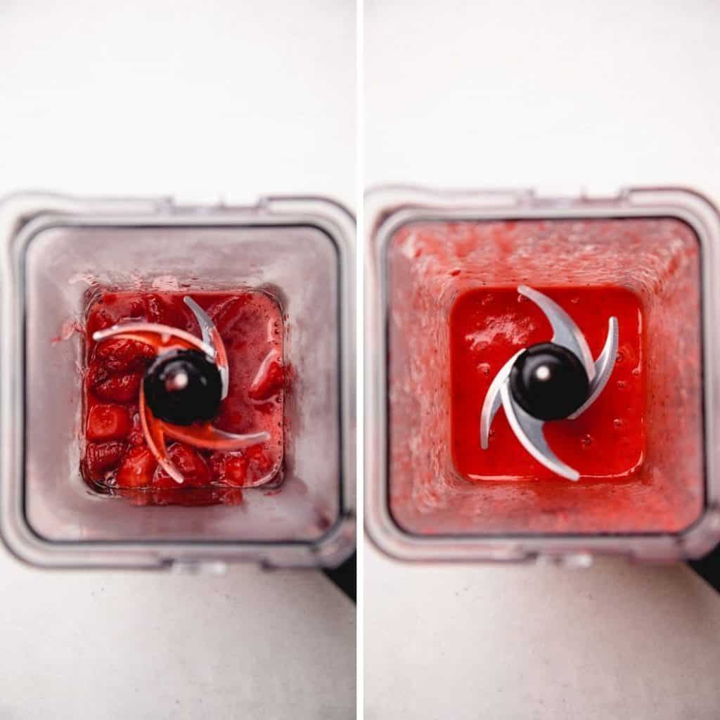 Strawberry sauce in a blander, before and after blending.