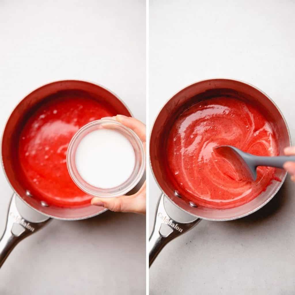 Progress photos of adding cornstarch slurry into strawberry sauce.