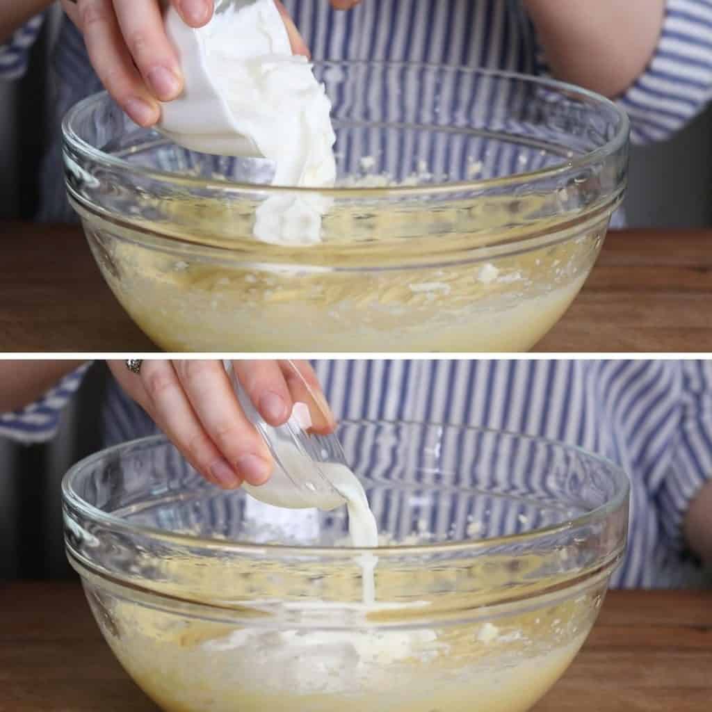 Process photos of adding sour cream and milk to a batter in a glass bowl.