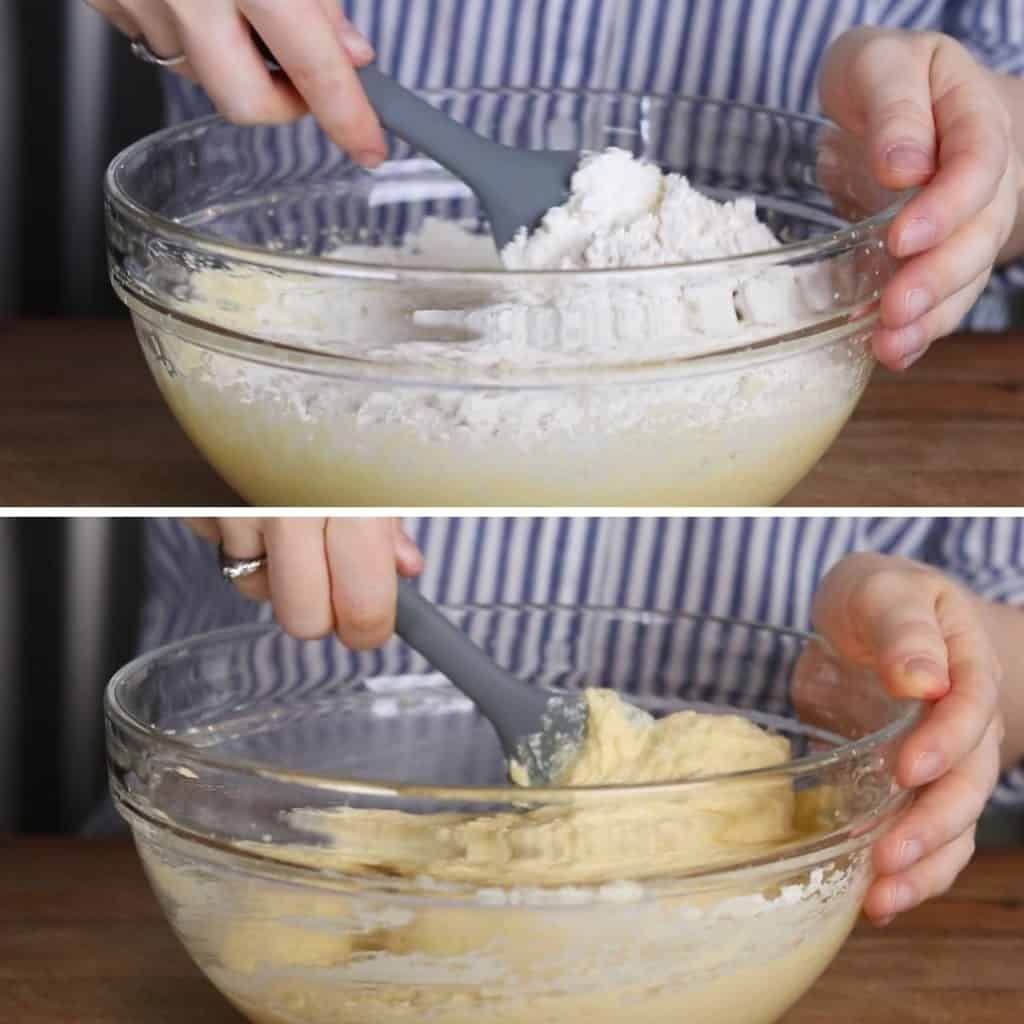 Process photos of mixing dry ingredients with batter in a glass bowl.