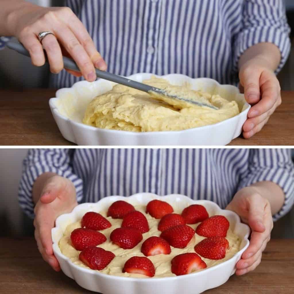 Process photos of of sreading cake batter in a baking pan and topping with fresh strawberries.