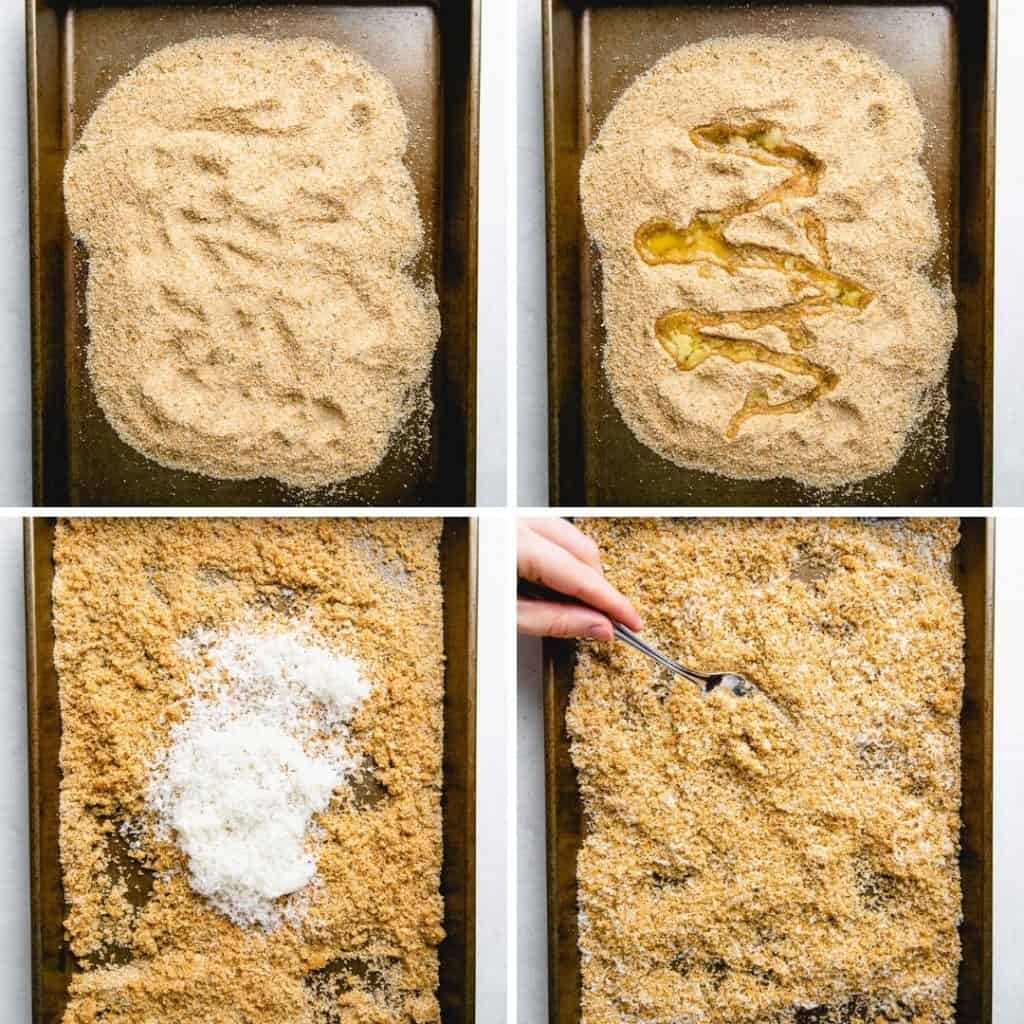 Process photos of mixing ingredients for toasted breadcrumbs on a baking sheet.
