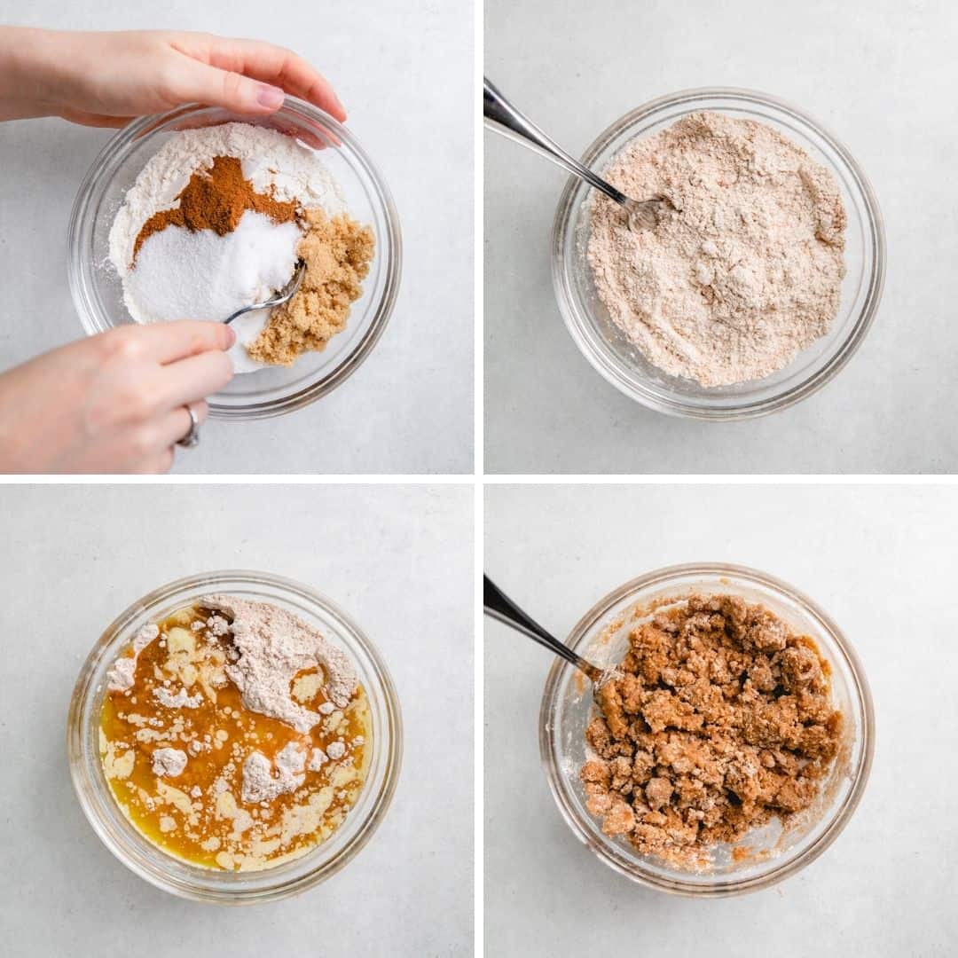 Process photos of mixing ingredients for steusel crumbs.
