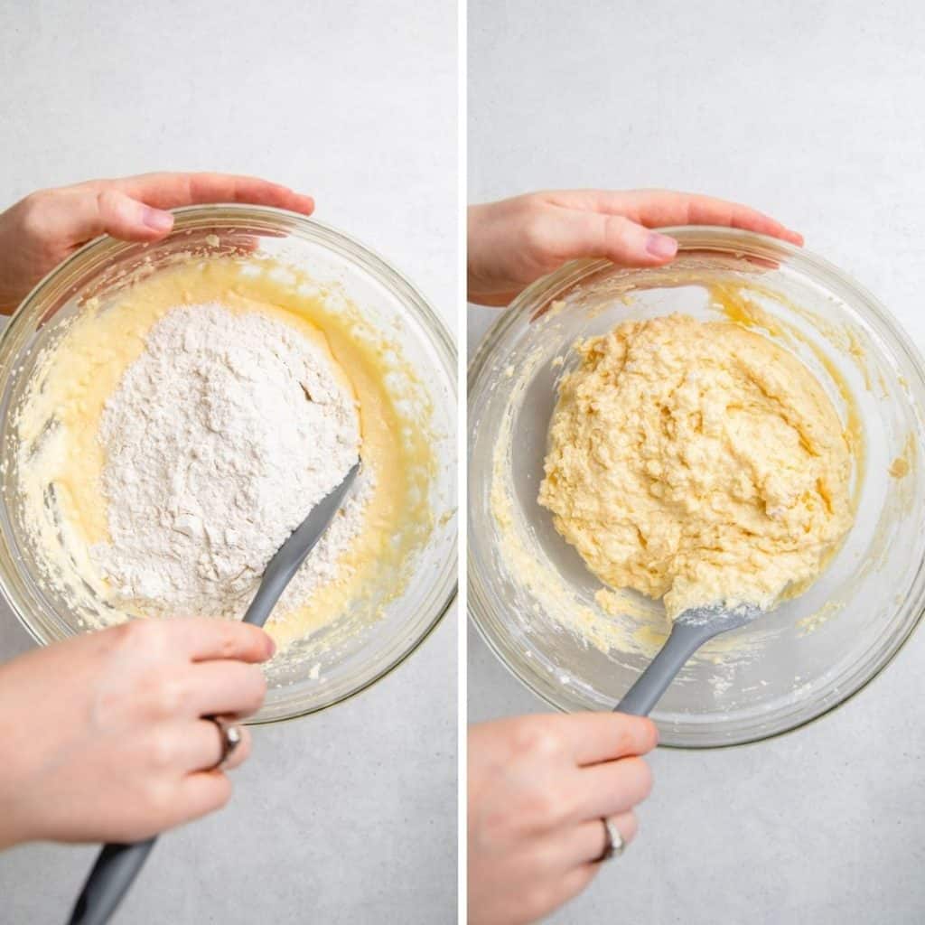 Process photos of mixing the batter with dry ingredients.