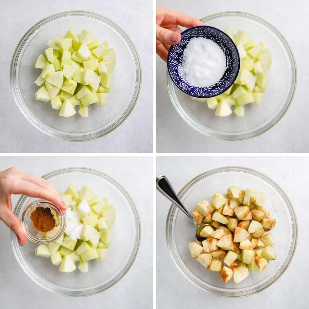Process photos of mixing diced apples with sugar and cinnamon.