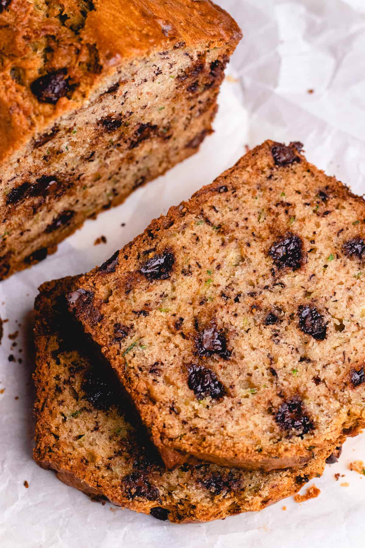 Sliced zucchini banana bread with chocolate chips.