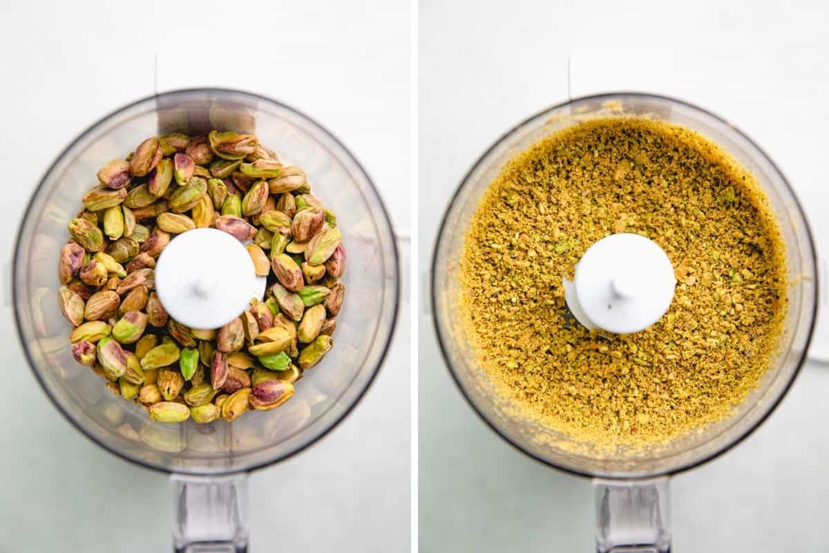 A process photo of grinding pistachios in a food processor.