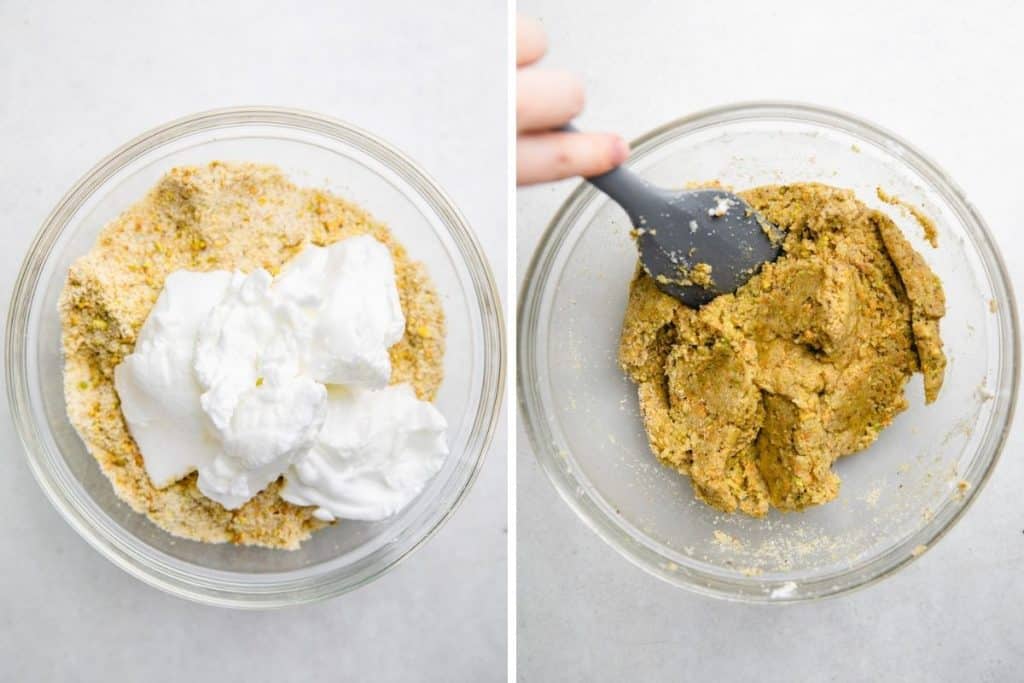 A process photo of mixing whipped egg whites with a cookie mixture.