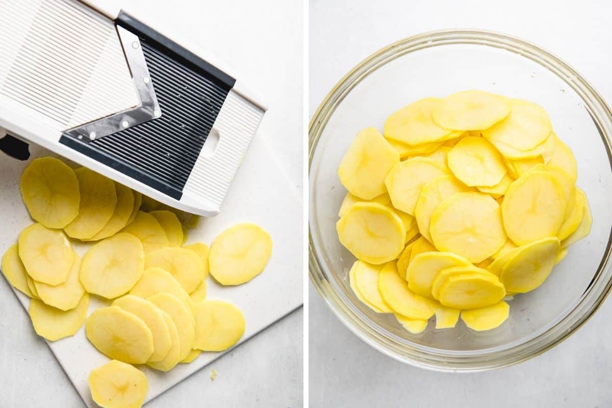 Process photos of slicing potatoes with a mandaline and puting them in a glass bowl.