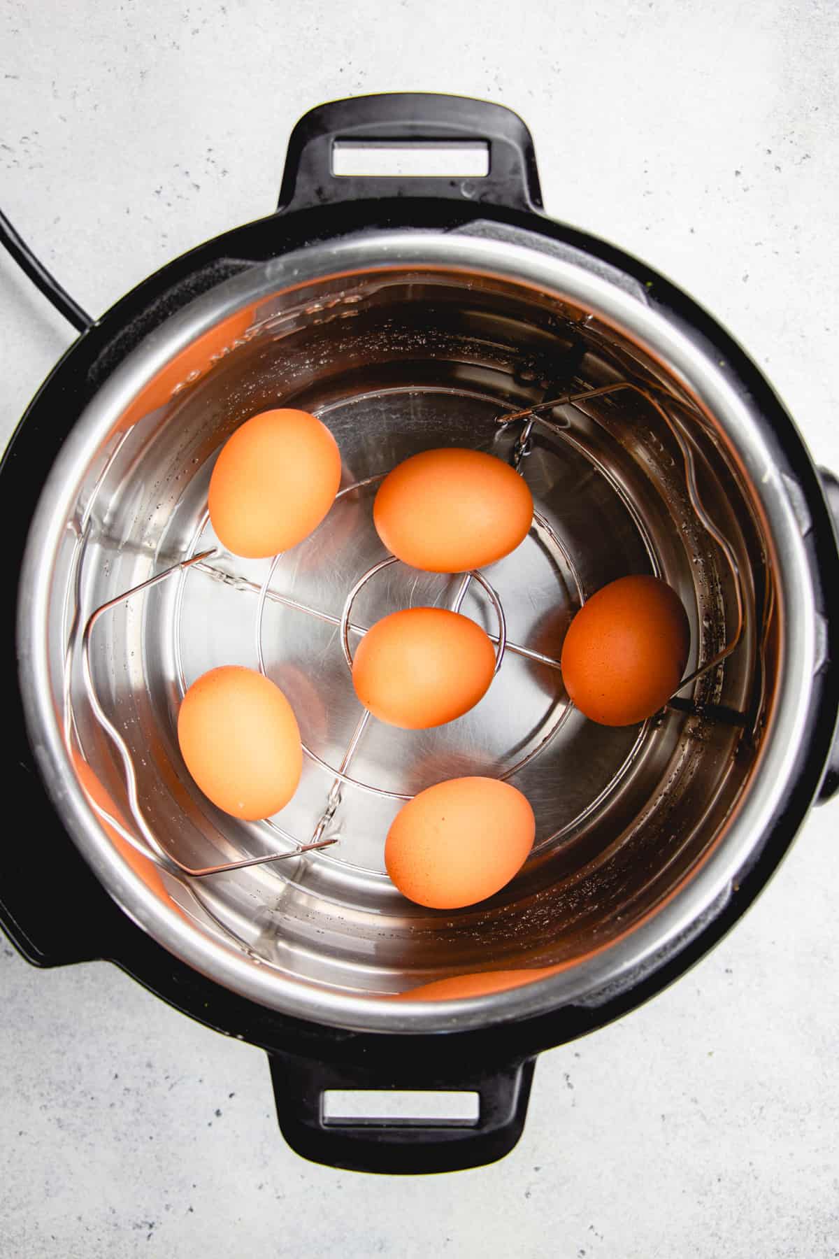 Large brown eggs are laying inside Instant Pot.