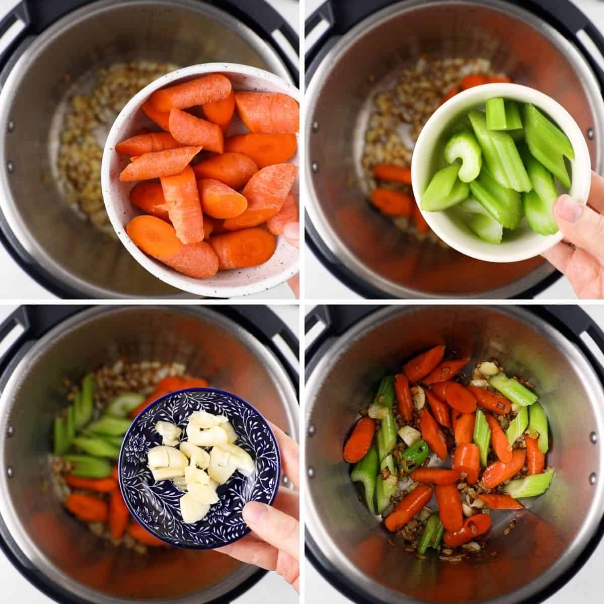 Adding chopped carrots, celery, and garlic to a pot.