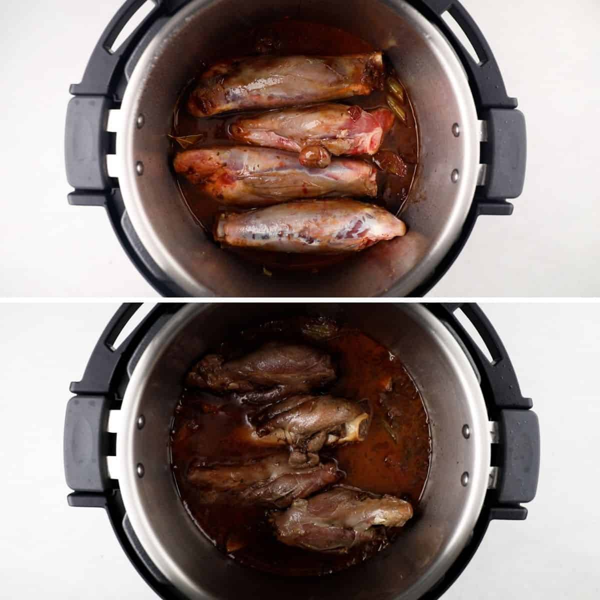 Lamb shanks in a pressure cooker before and after cooking.