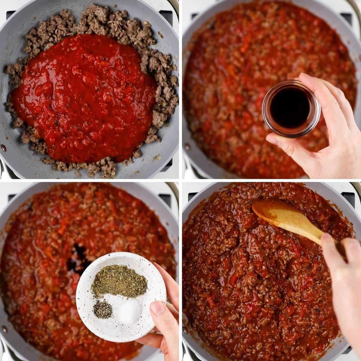 Process photos of adding ingredients to a skillet to make goulash.