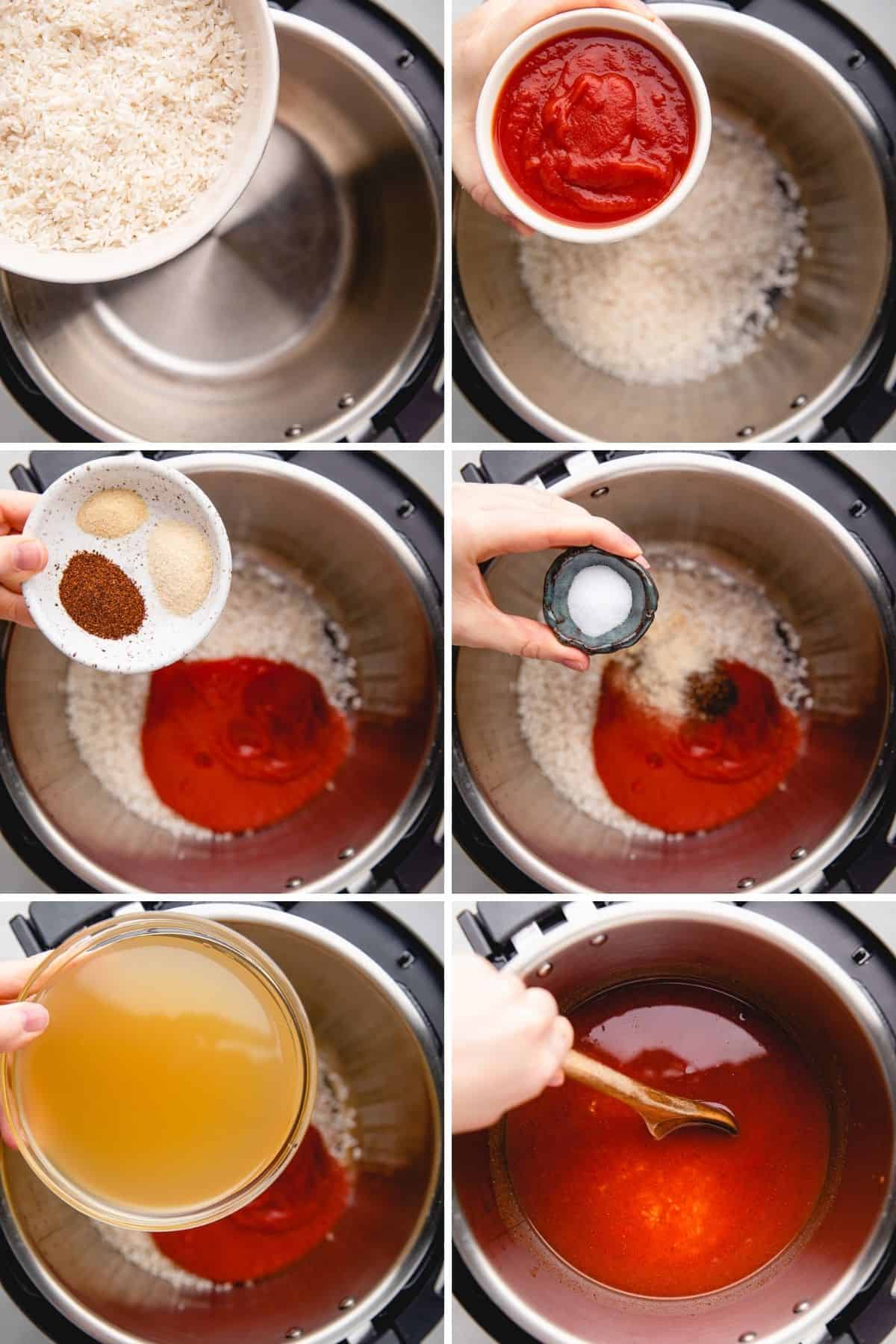 Process photos of adding ingredients to instant pot to make Mexican rice.