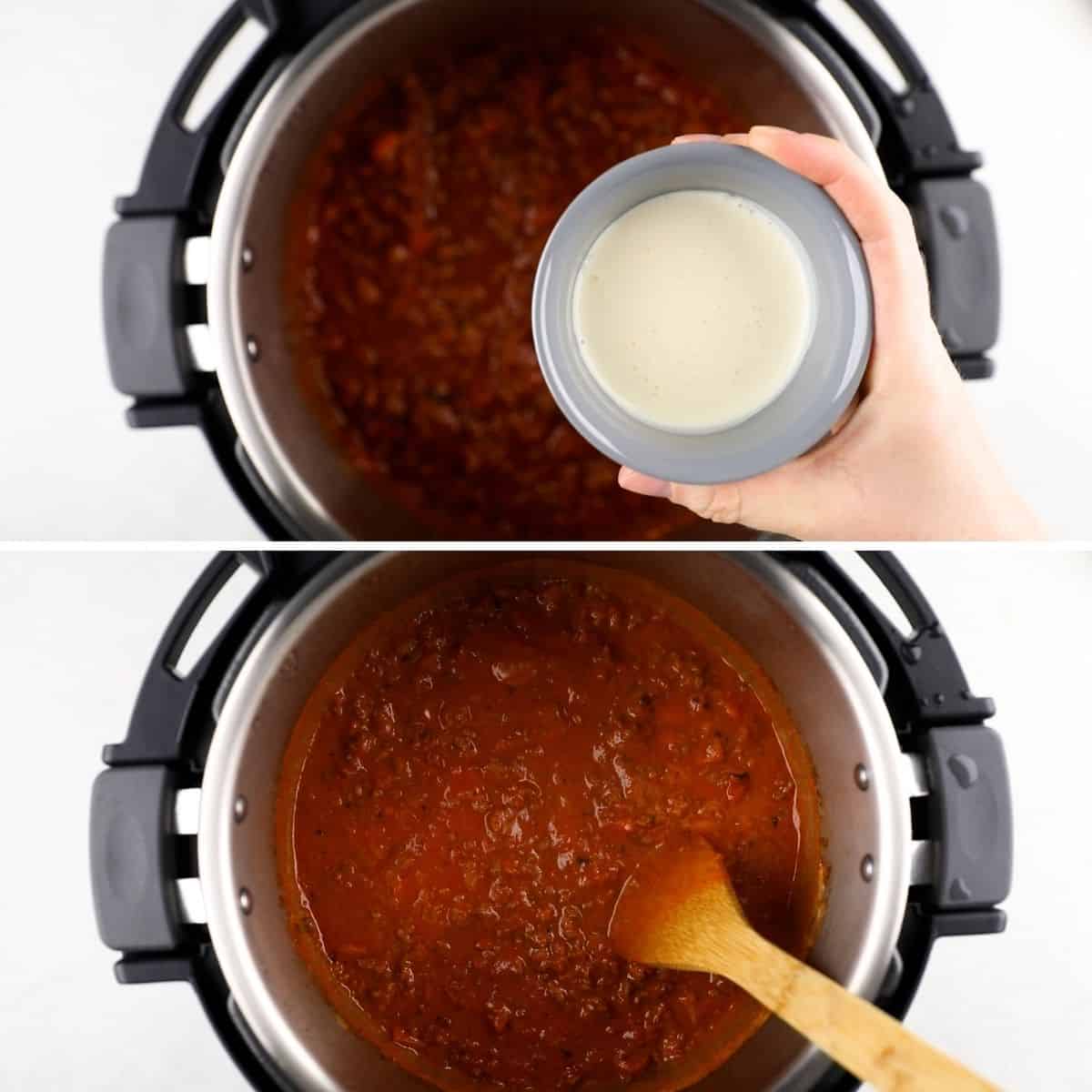 Process photos of adding heavy cream to the meat sauce.