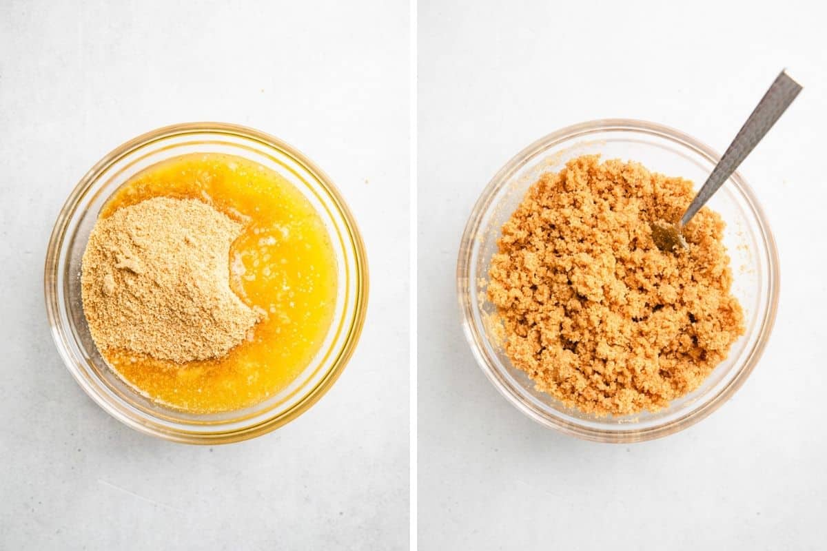 Process photos of mixing graham crumbs and melted butter.