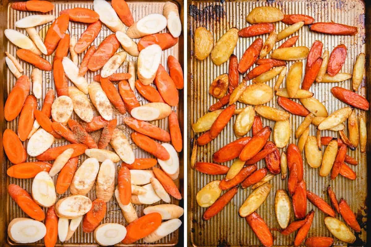 Diced carrots and parsnips before and after baking.