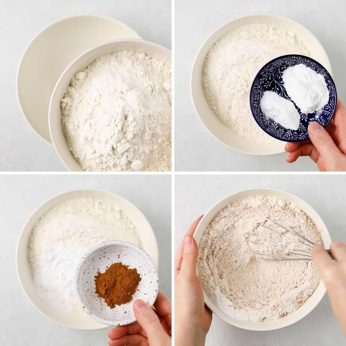 Process phots of mixing flour, baking soda and powder, and cinnamon.