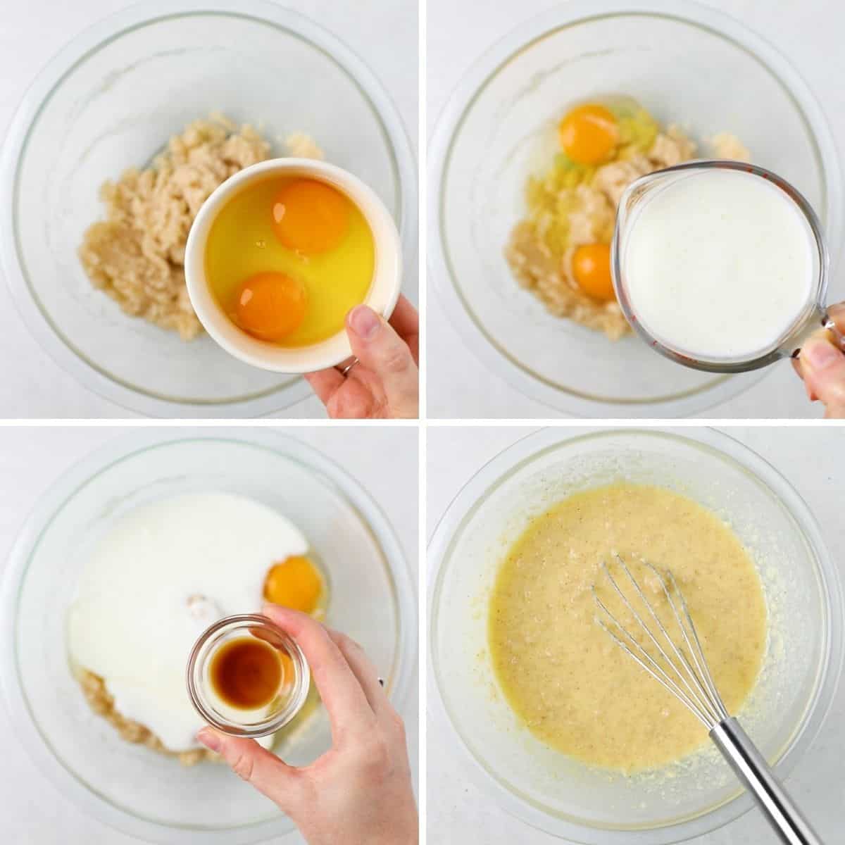 Process photos of wisking eggs, buttermilk, and vanilla extract.