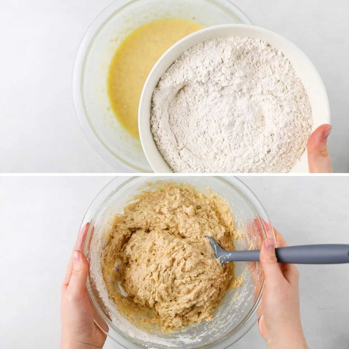 Process photos of adding dry ingredients to wet ones to nake muffin batter.
