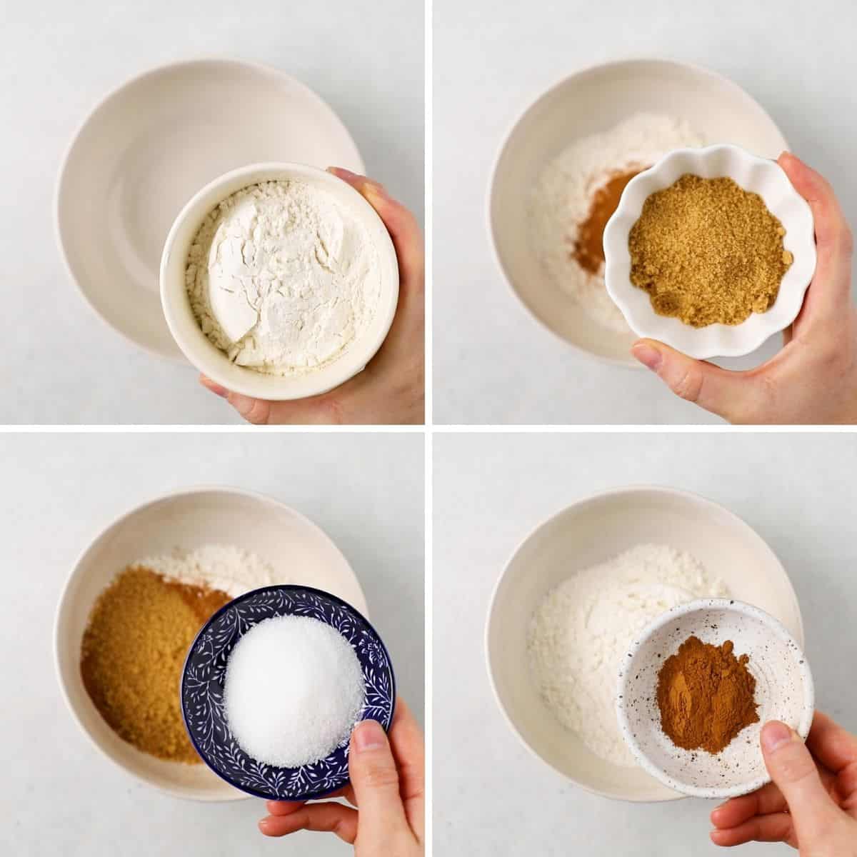 Process photos of adding flour, brown and graulated sugar, and cinnamon wot ha bowl.