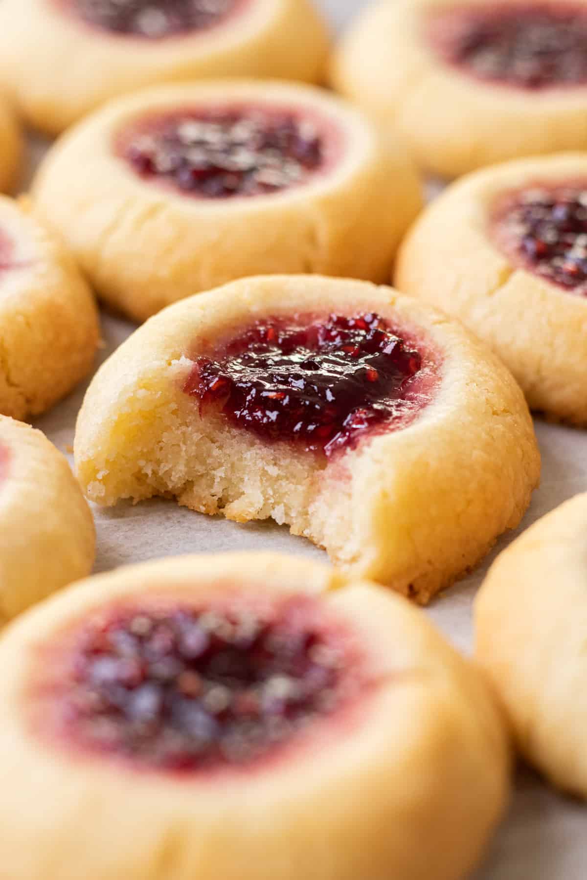 Close up photo of Raspberry Almond Thumbprint Cookies.