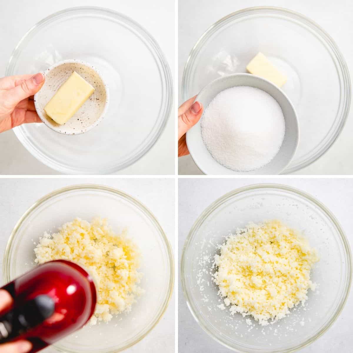 Process photos of mixing butter and sugar with a hand mixer.