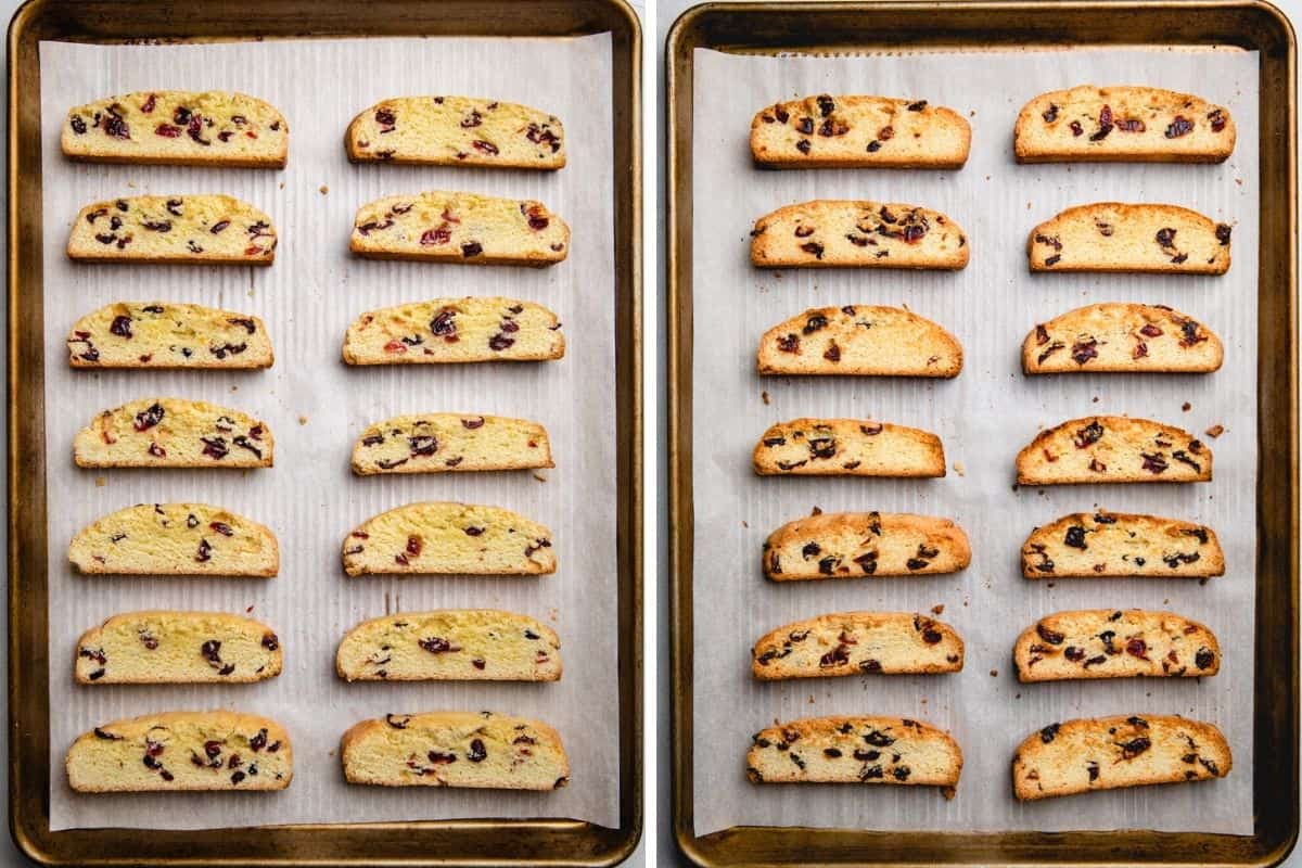 Sliced biscotti on a baking sheet, before and after baking.