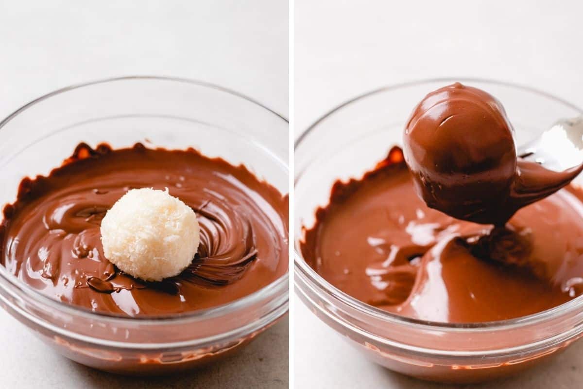 Process photos of dipping coconut truffles into melted chocolate.