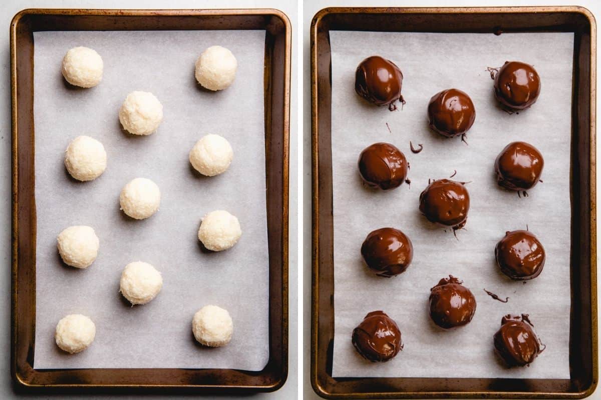 Coconut Truffles before and after covered with chocolate.