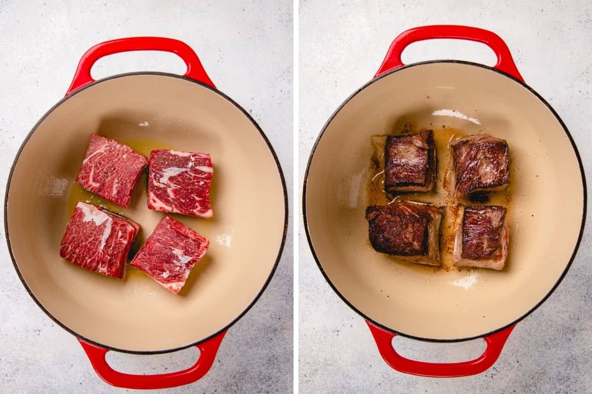 Short ribs in a dutch oven, before and after searing.
