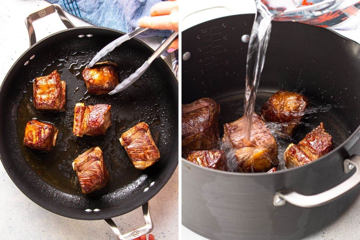 Process photos of searing short ribs in a skillet and pour over with water.