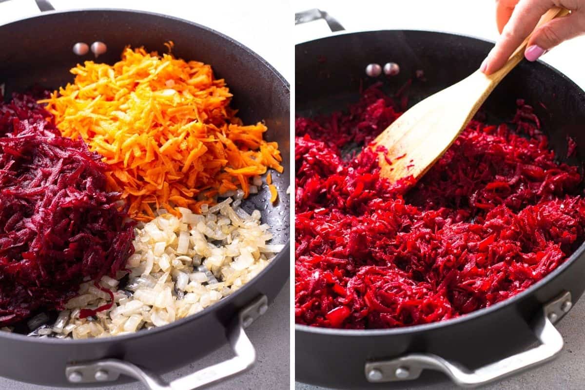 Process photos of searing shredded beets, carrots, and onion in a skillet for Borscht soup.