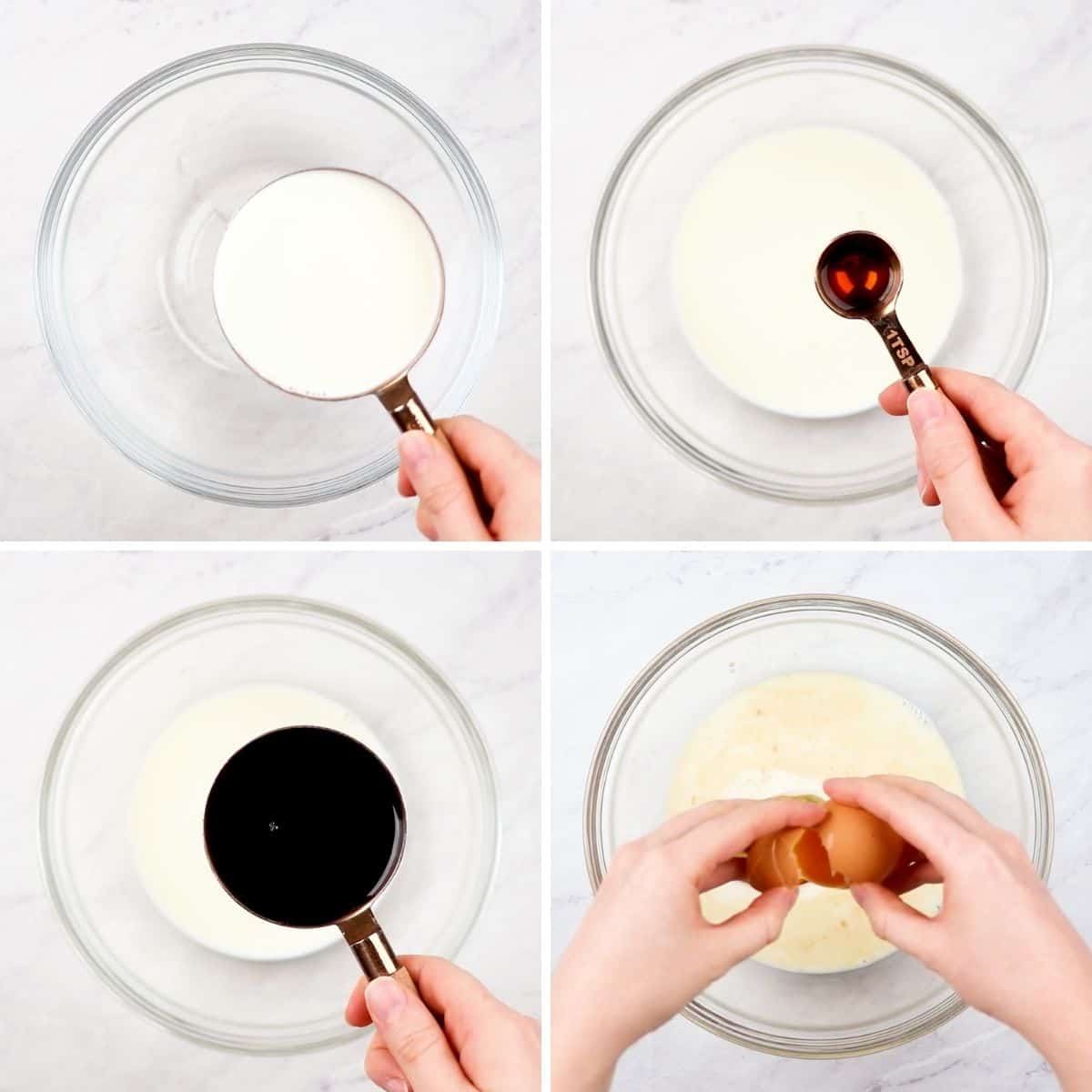 Process photos of adding milk, maple syrup, egg, and vanilla in a bowl.