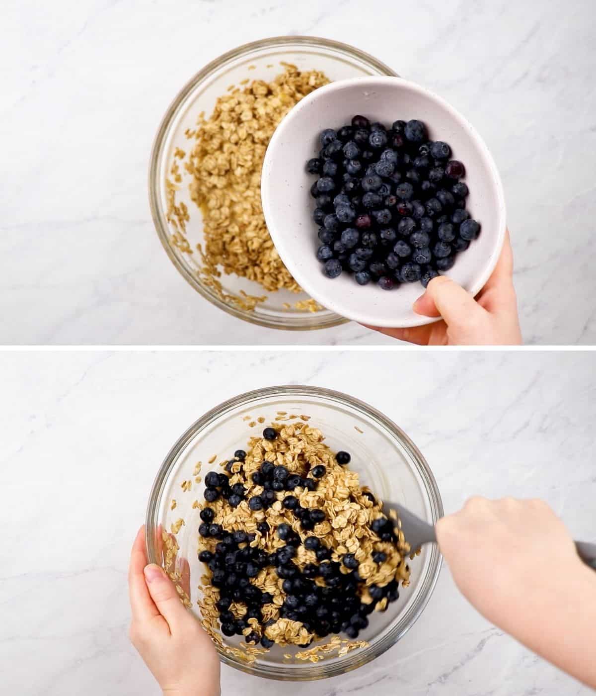 Process photos of adding blueberries to the oatmeal mixture.
