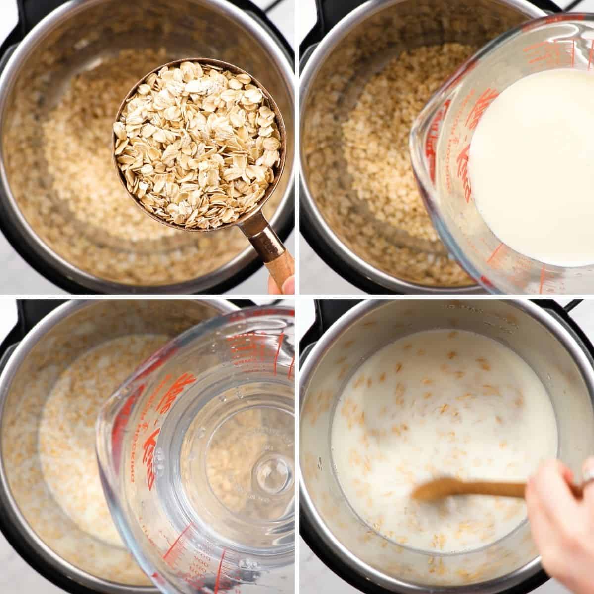 Process photos of adding ingredients to a pressure cooker to make oatmeal.