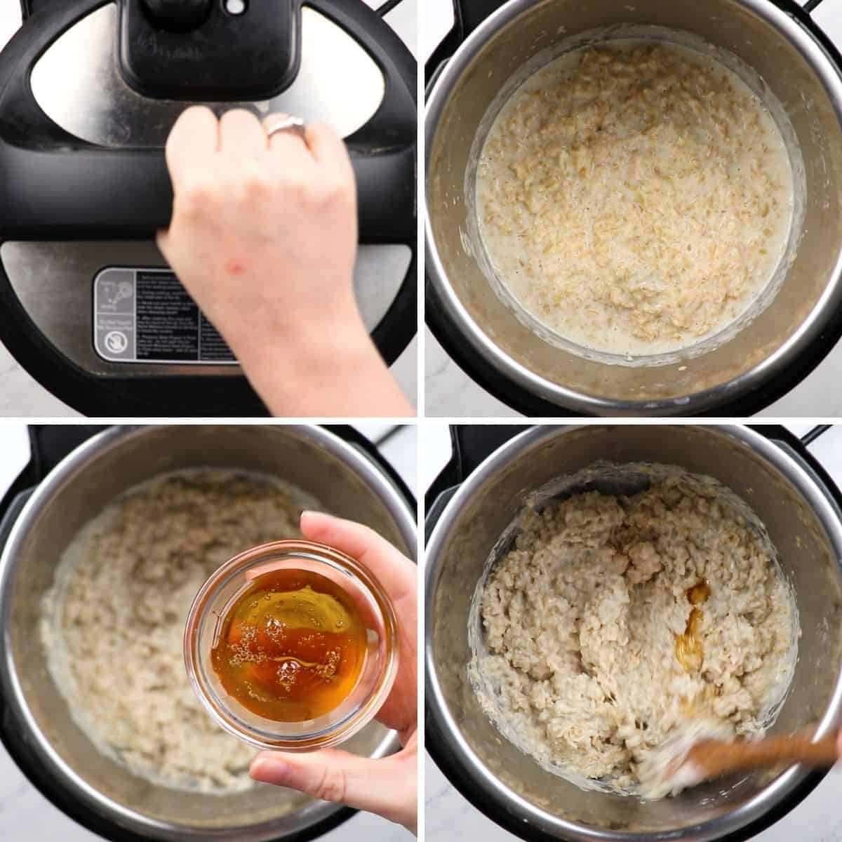 Process photos of cooking oatmeal in a pressure cooker.