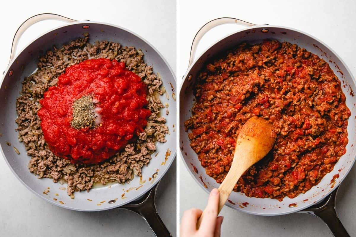 Process photos of adding crashed tomatoes and seasoning to the cooked ground beef.