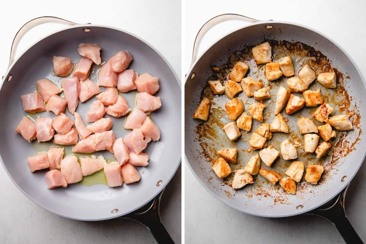 Process photos of pan searing diced chicken.