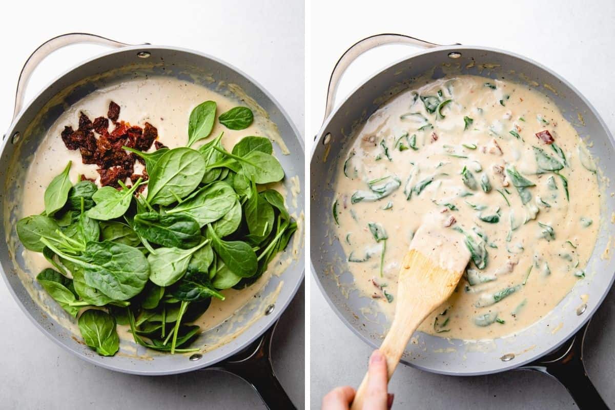Process photos of adding spinach and sun dried tomatoes to the creamy sauce.