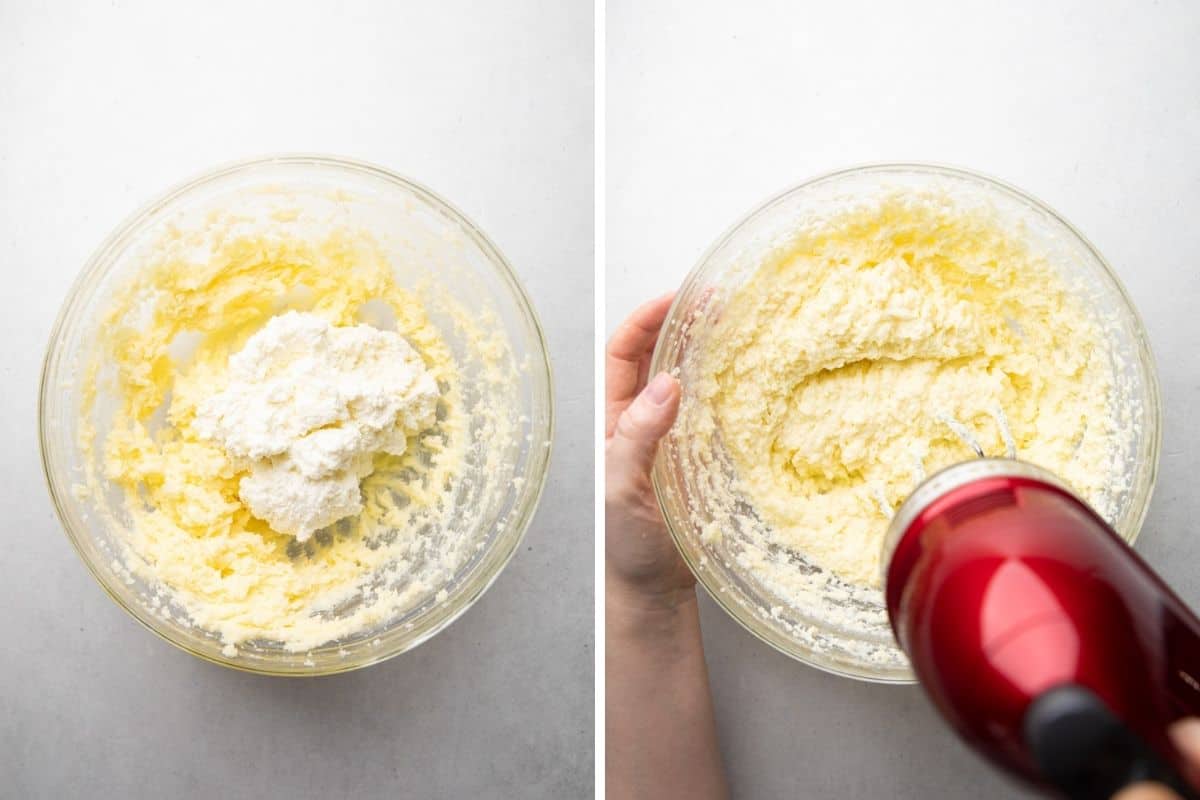 Process photos of adding ricotta cheese to the whipped butter with sugar.