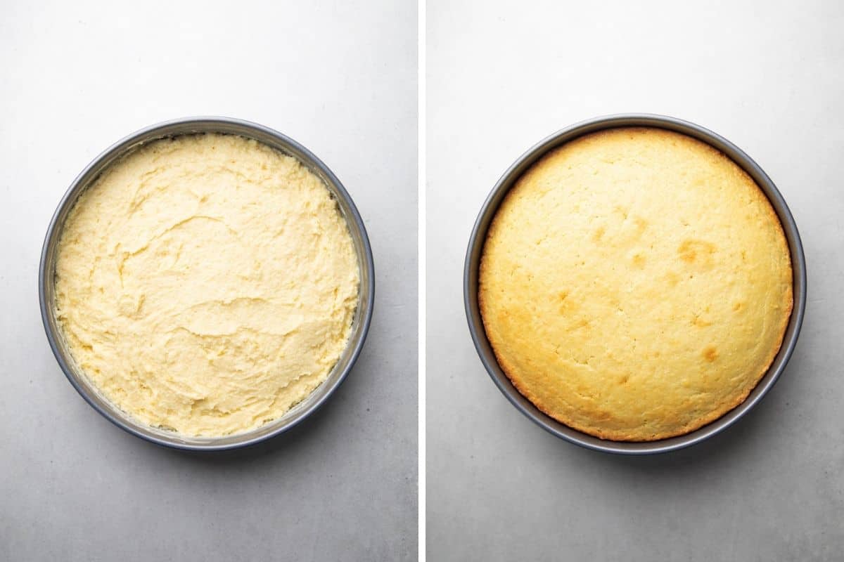 Lemon ricotta cake in a baking pan before and after baking.