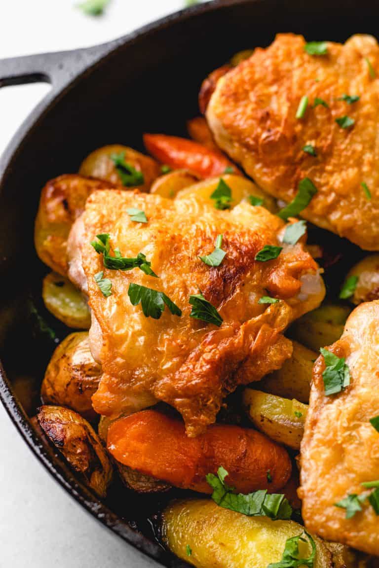 Cast Iron Chicken Thighs (with Root Vegetables) - Veronika's Kitchen