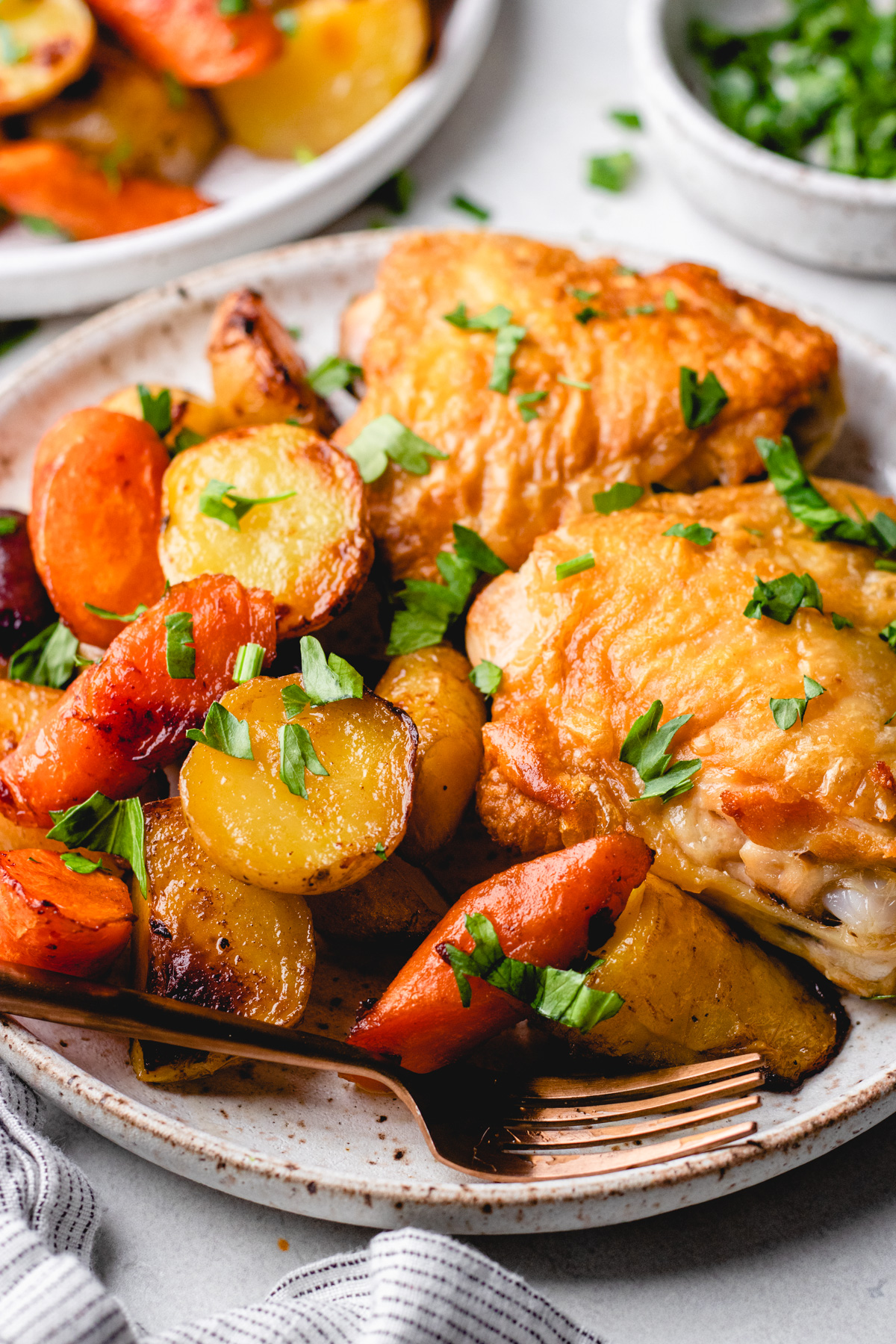 Roasted chicken thighs with carrots and potatoes on a plate.