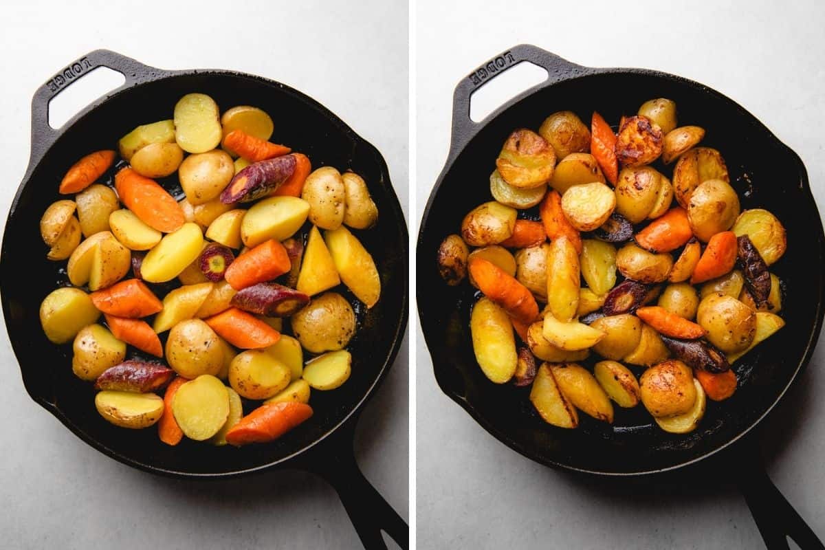 Process photos of roasting vegetables in a cast iron skillet.